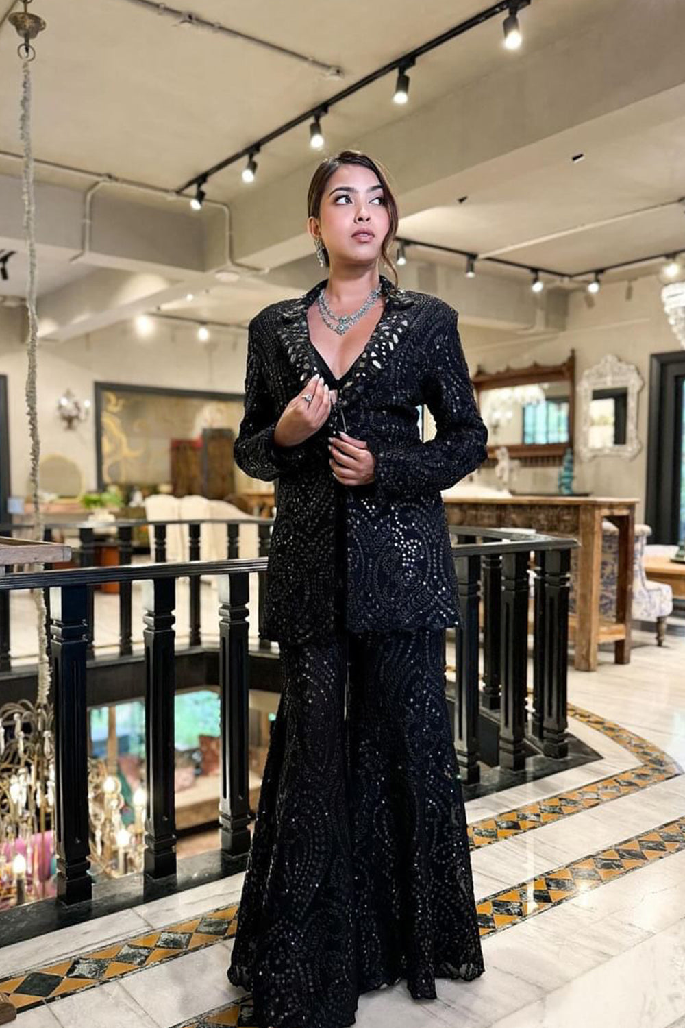 Trisha in our Black Floral Mirrorwork Blazer, Bralette and Pants Set
