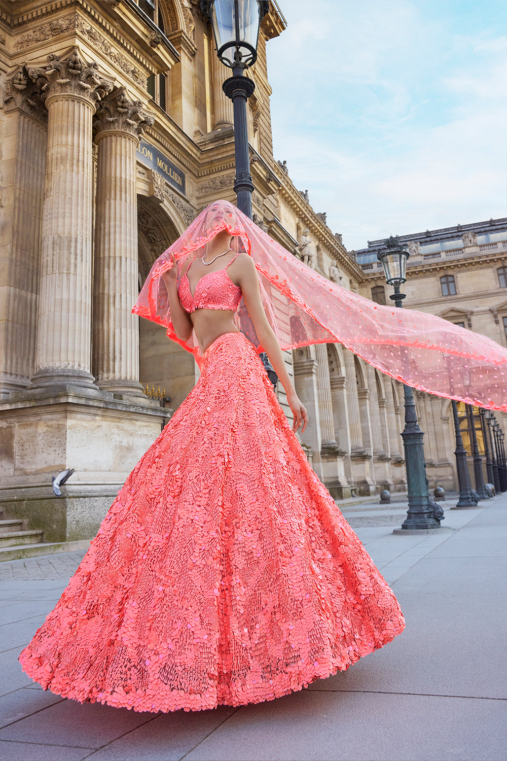 Neon Peach Sequin Lehenga Set