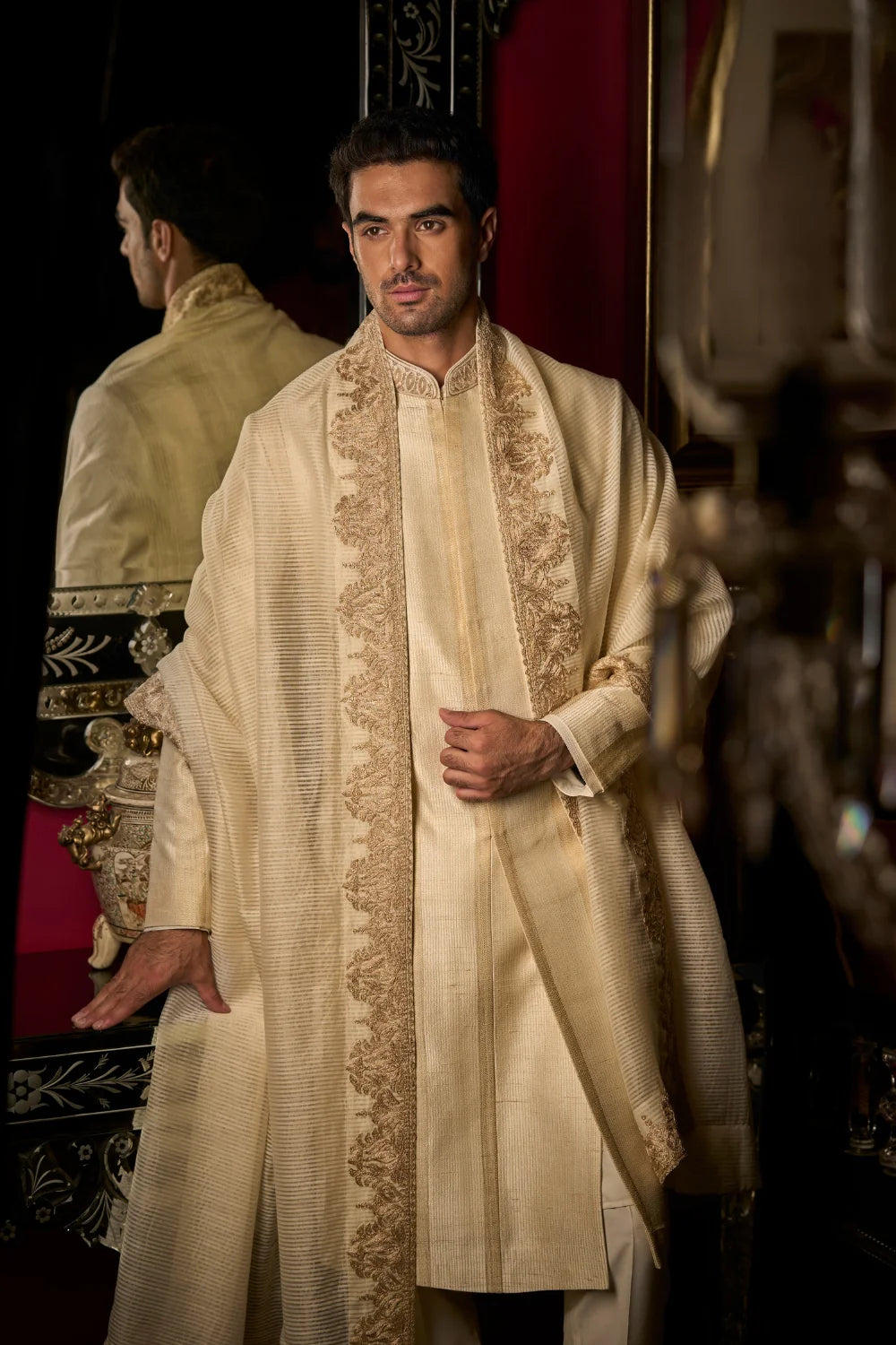 Cream Zari Sherwani Set