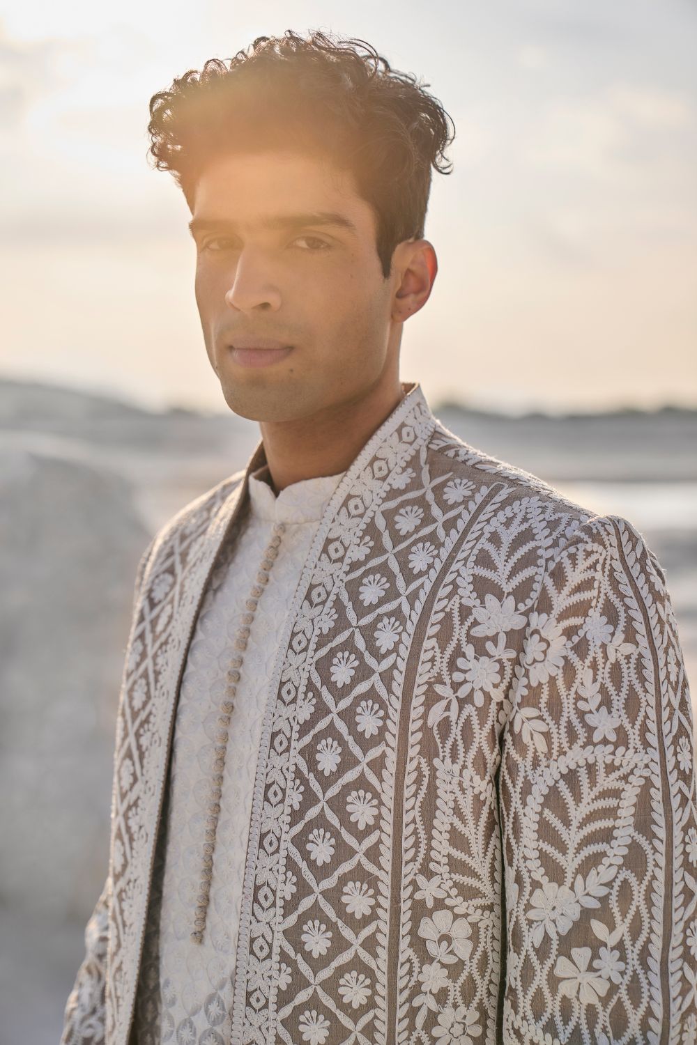 Nude Cream Open Sherwani Set