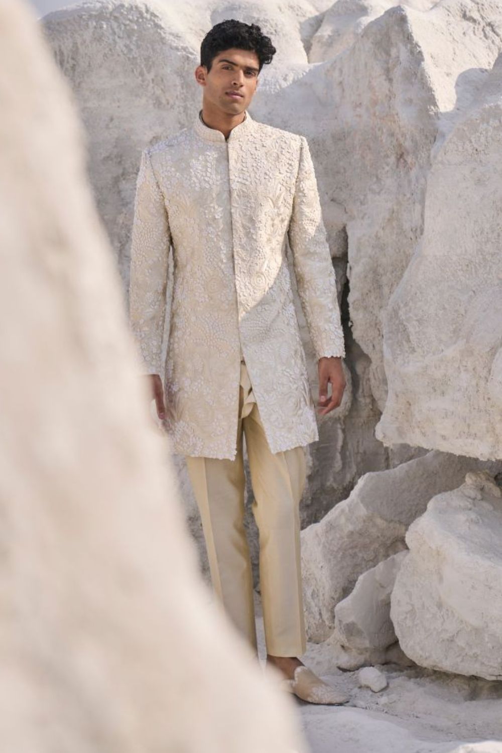 Cream Three Dimensional Floral Sherwani Set