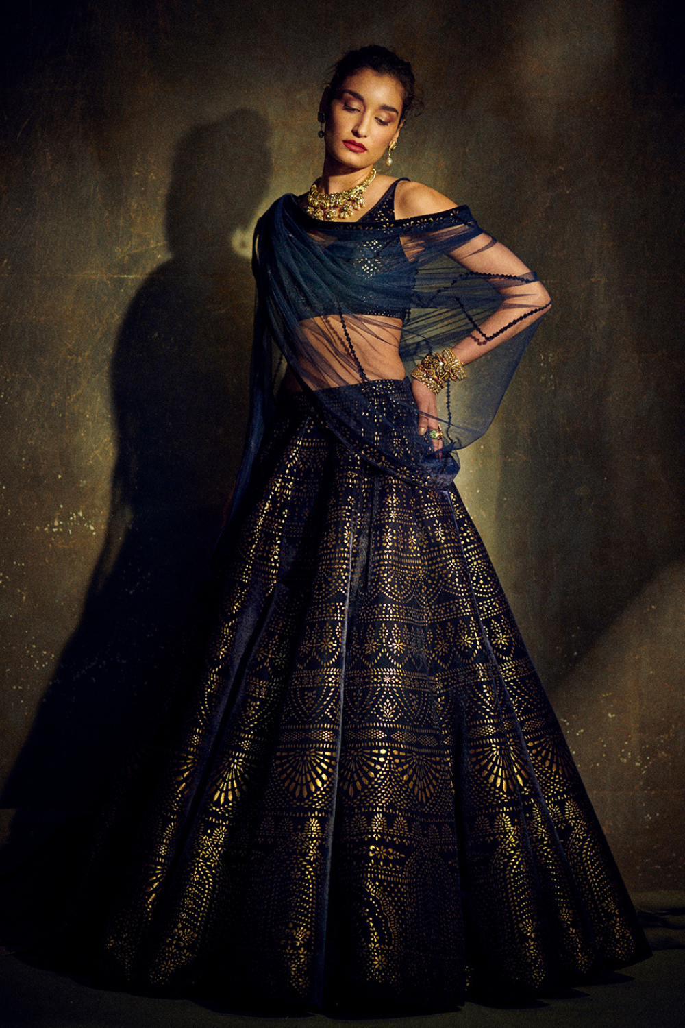 Navy Blue Velvet Lehenga Set