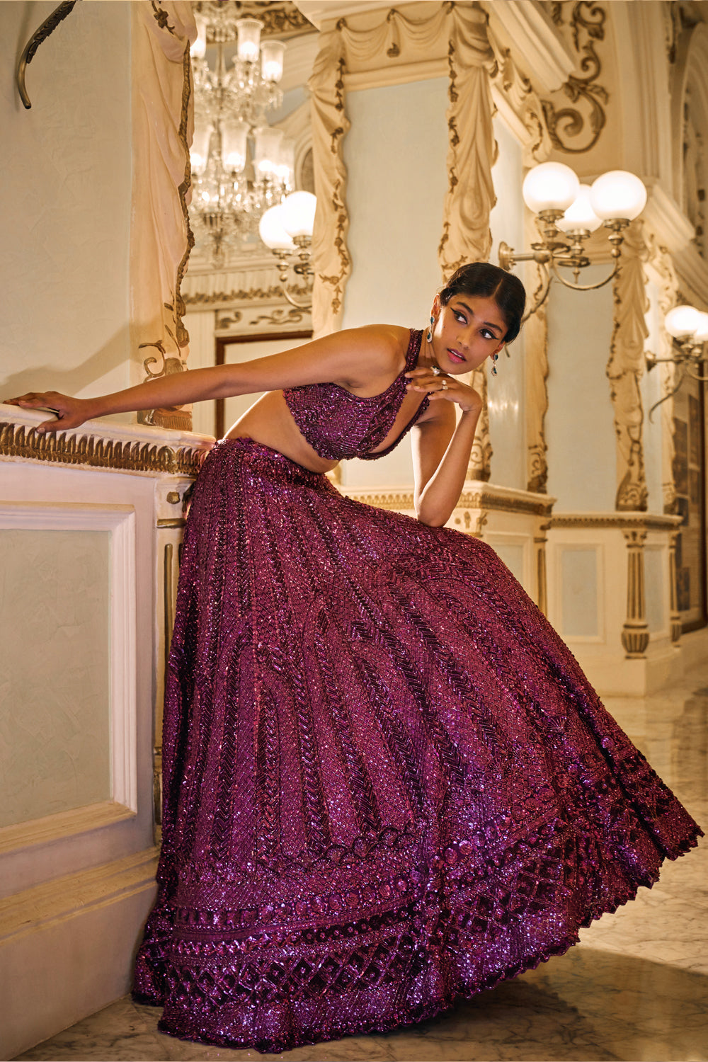 Pooja Hegde in Burgundy Sequin Lehenga Set