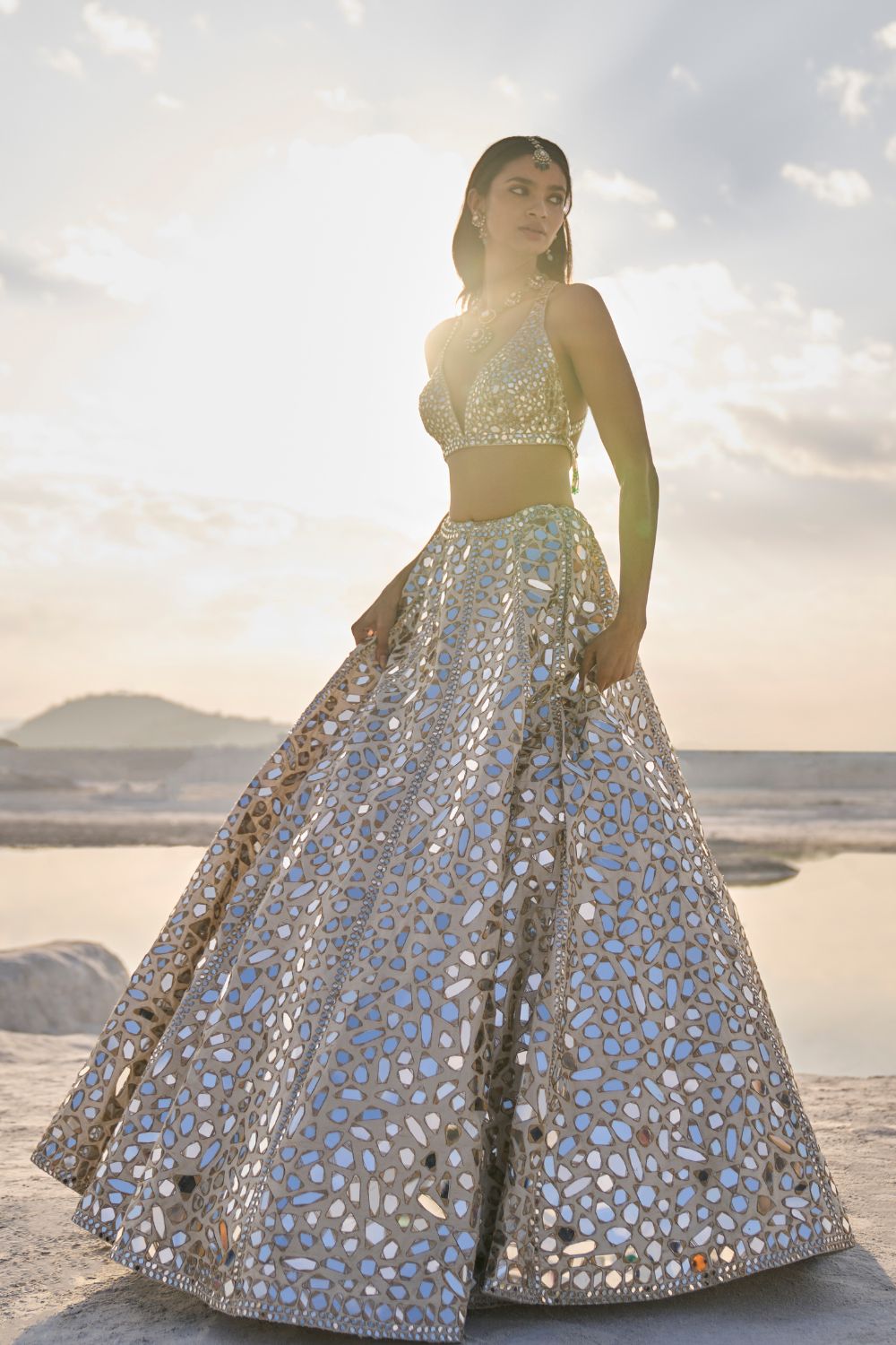 Cream Gold Mirror Work Lehenga Set