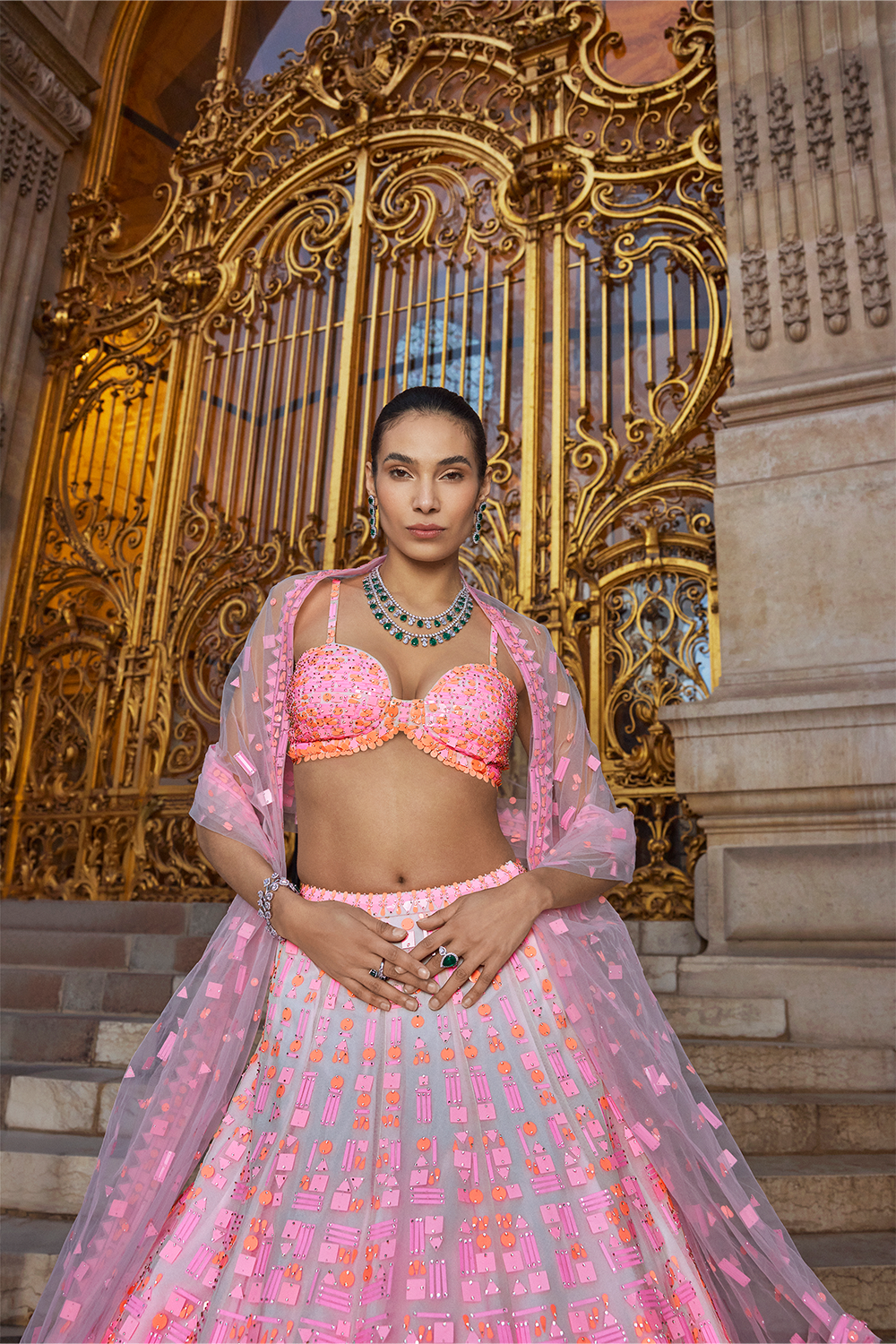 Neon Peach Pink Sequin Lehenga Set