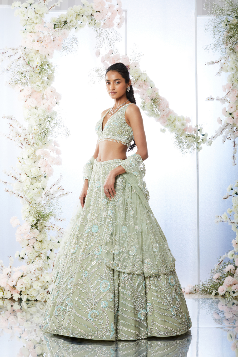 Tea Green Floral Sequin Lehenga Set