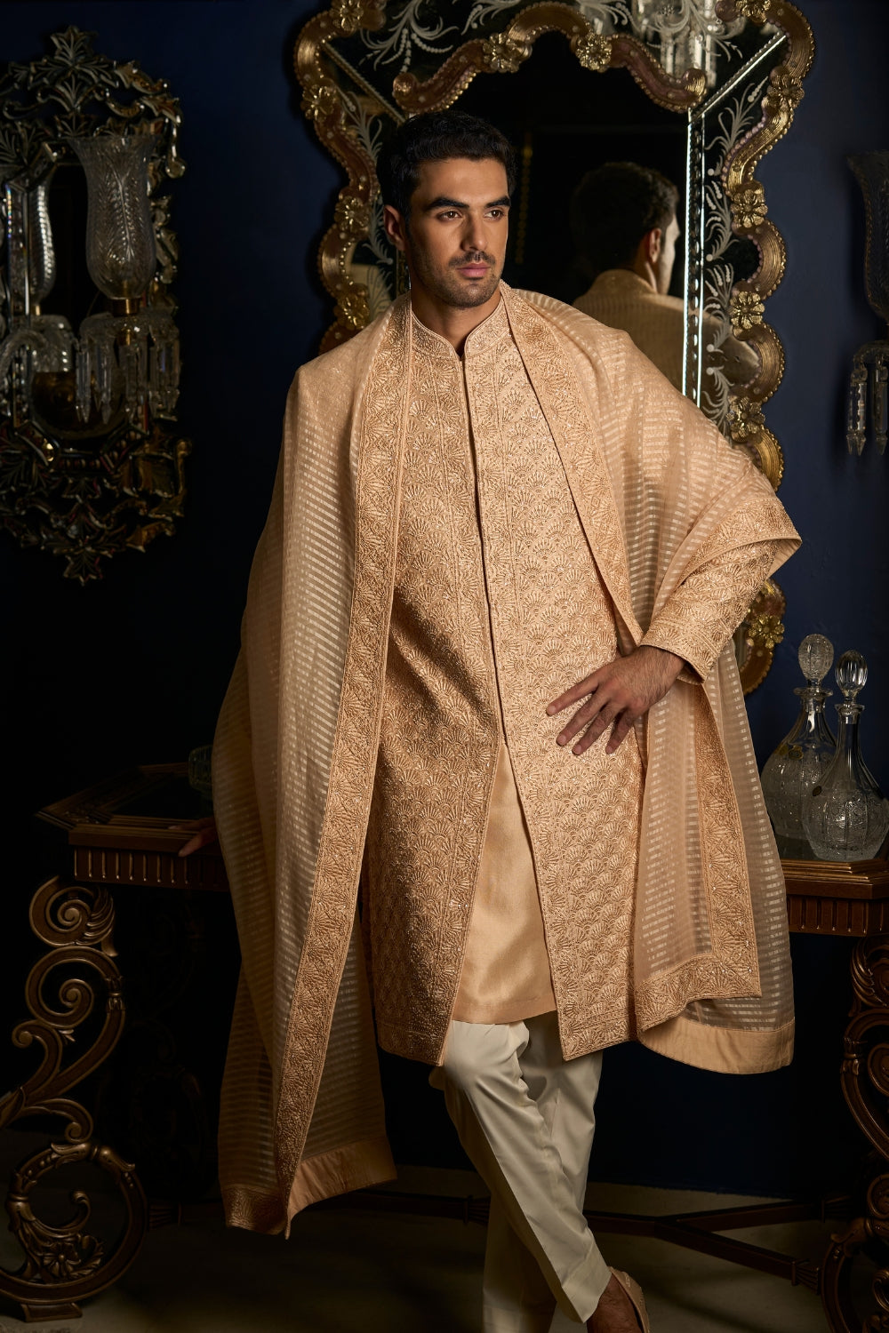 Peach Thread Sequin Sherwani Set