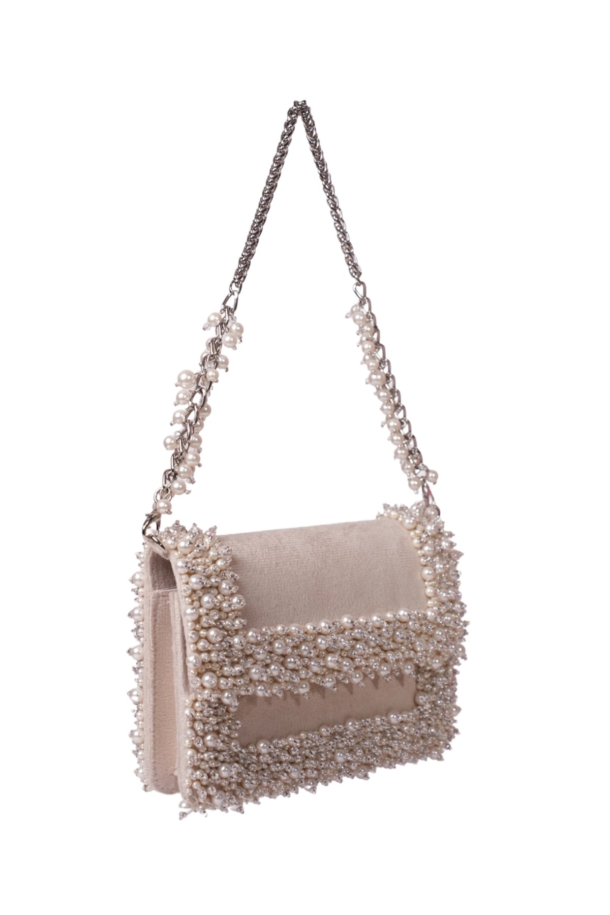 Aliya Ivory Suede Pearl Embellished Clutch