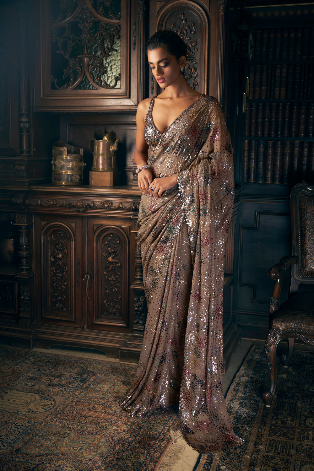 Ash Grey Sequin Saree