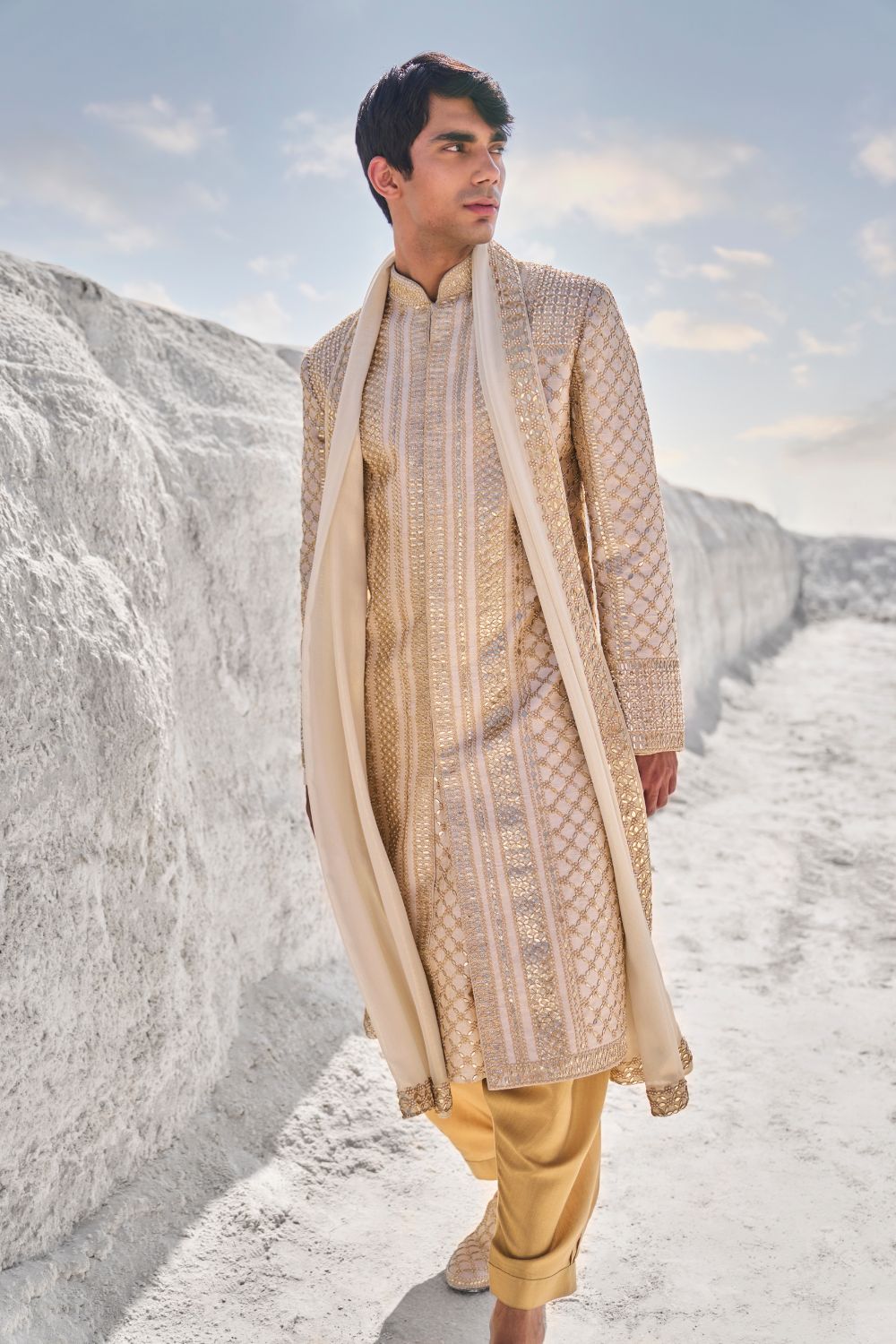 Two -Tone Beige Gota Patti Sherwani Set