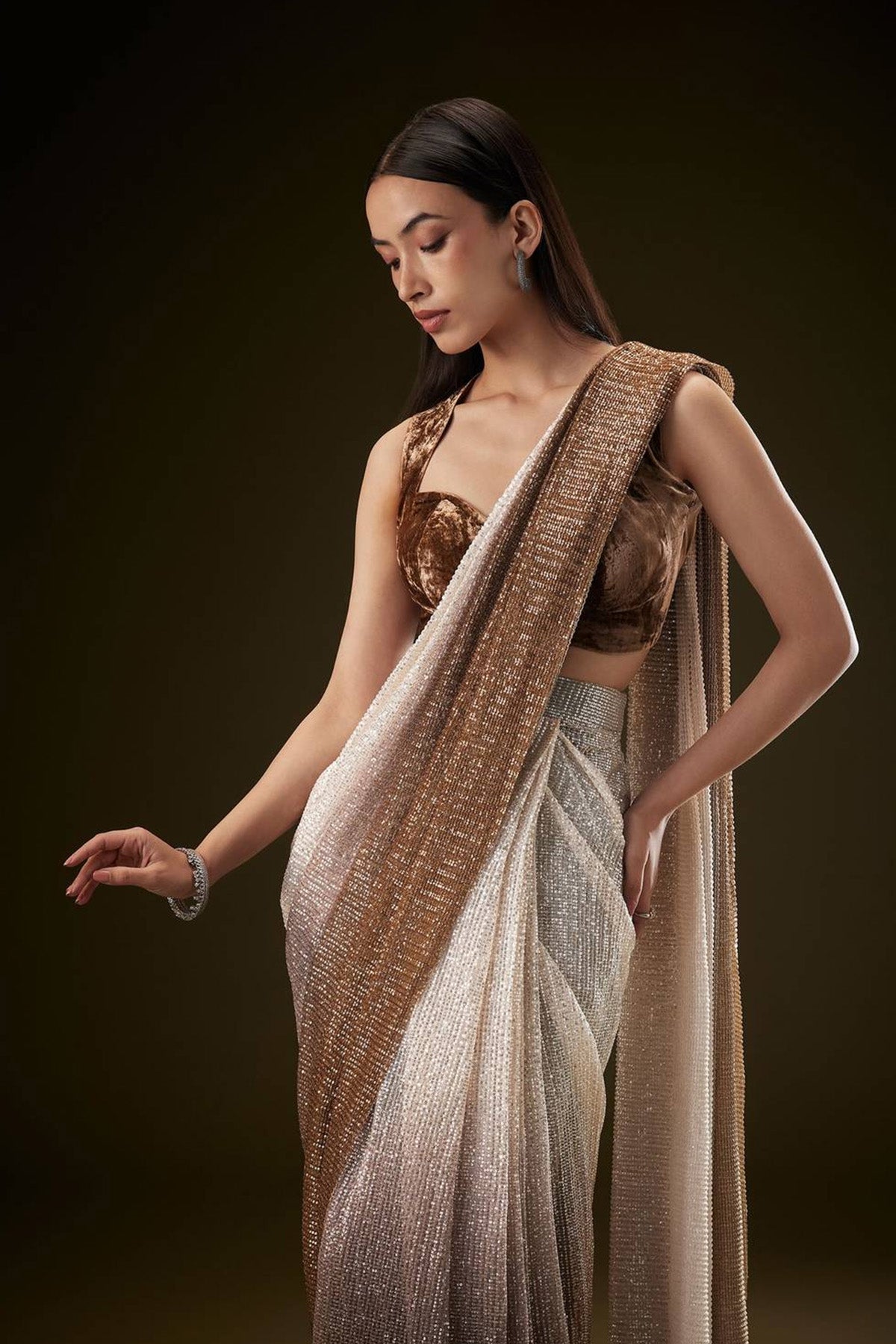 Brown Ombre Sequence Saree With Velvet Blouse - Ready to Ship