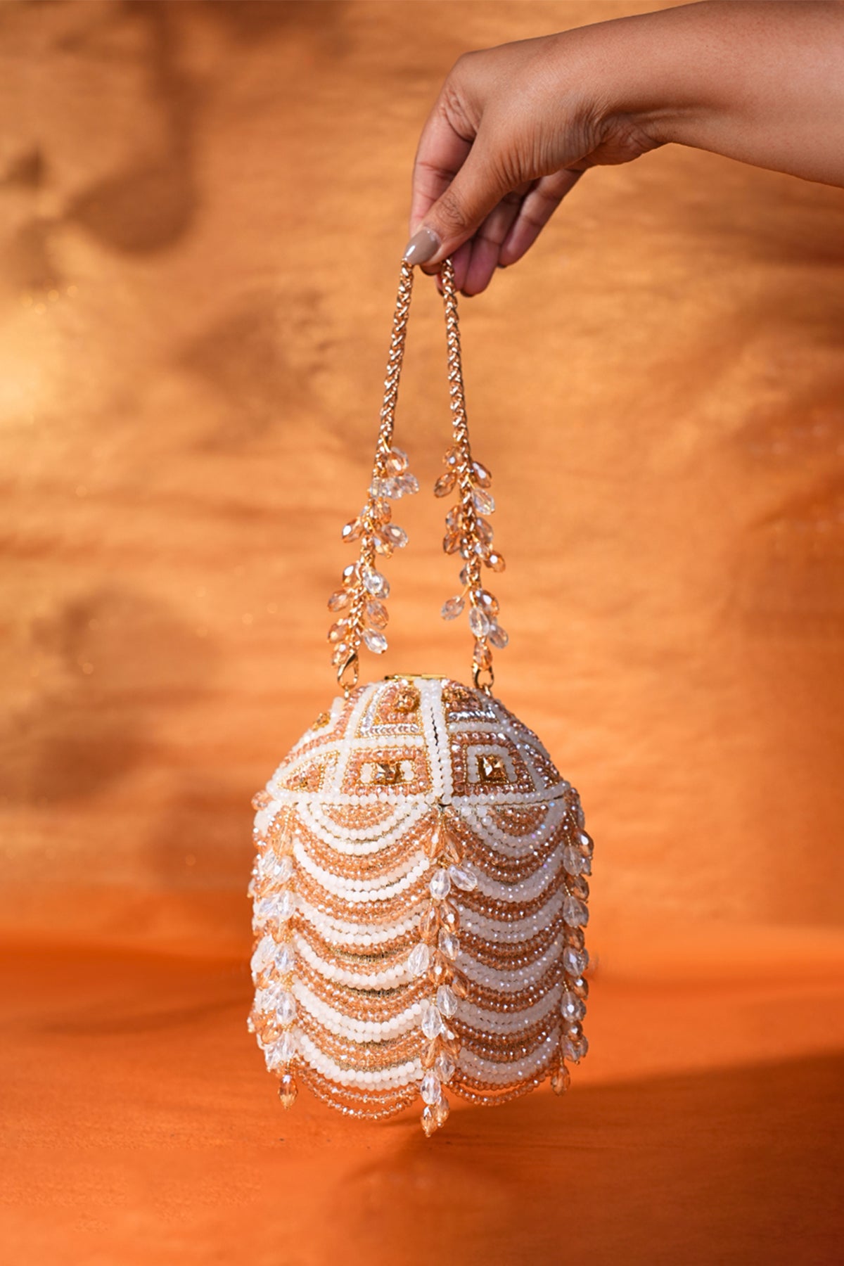 Evara Gold Georgette Embellished Bucket Bag