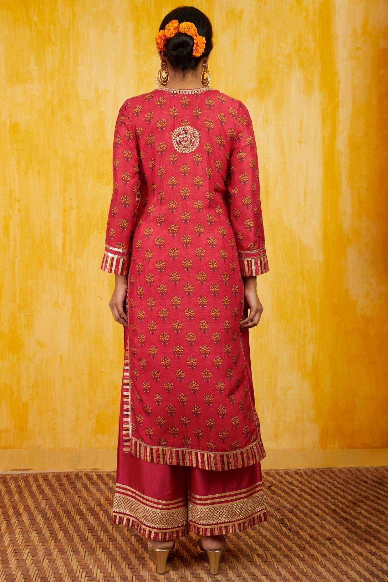 Marigold buti Tunic Set with Palazzo and Dupatta