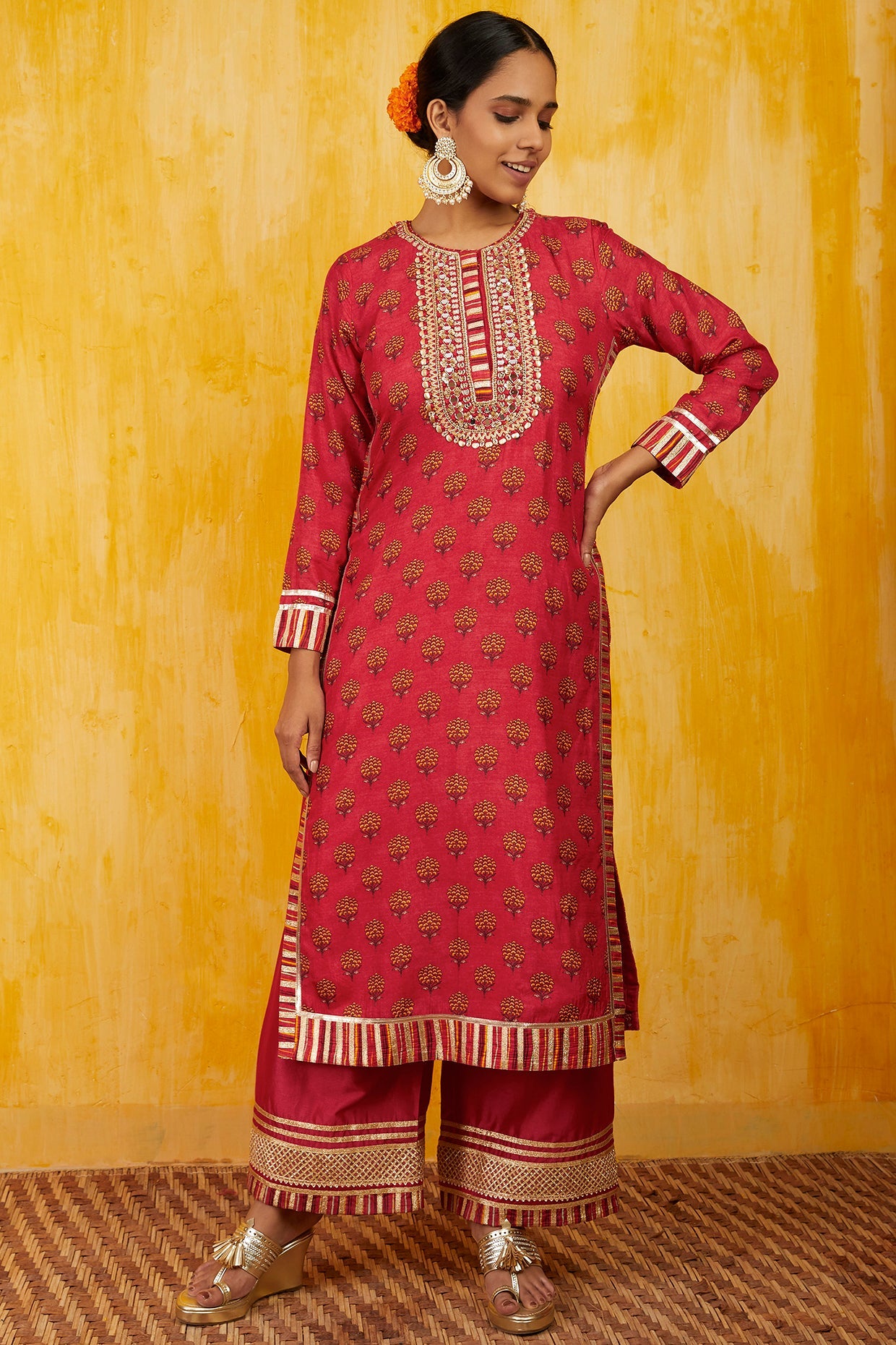 Marigold buti Tunic Set with Palazzo and Dupatta