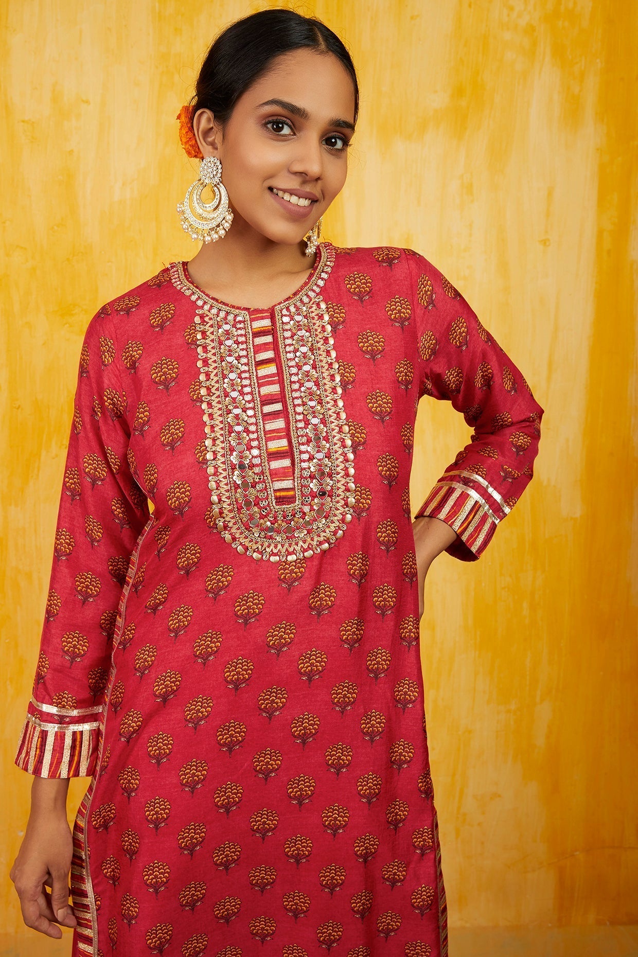 Marigold buti Tunic Set with Palazzo and Dupatta