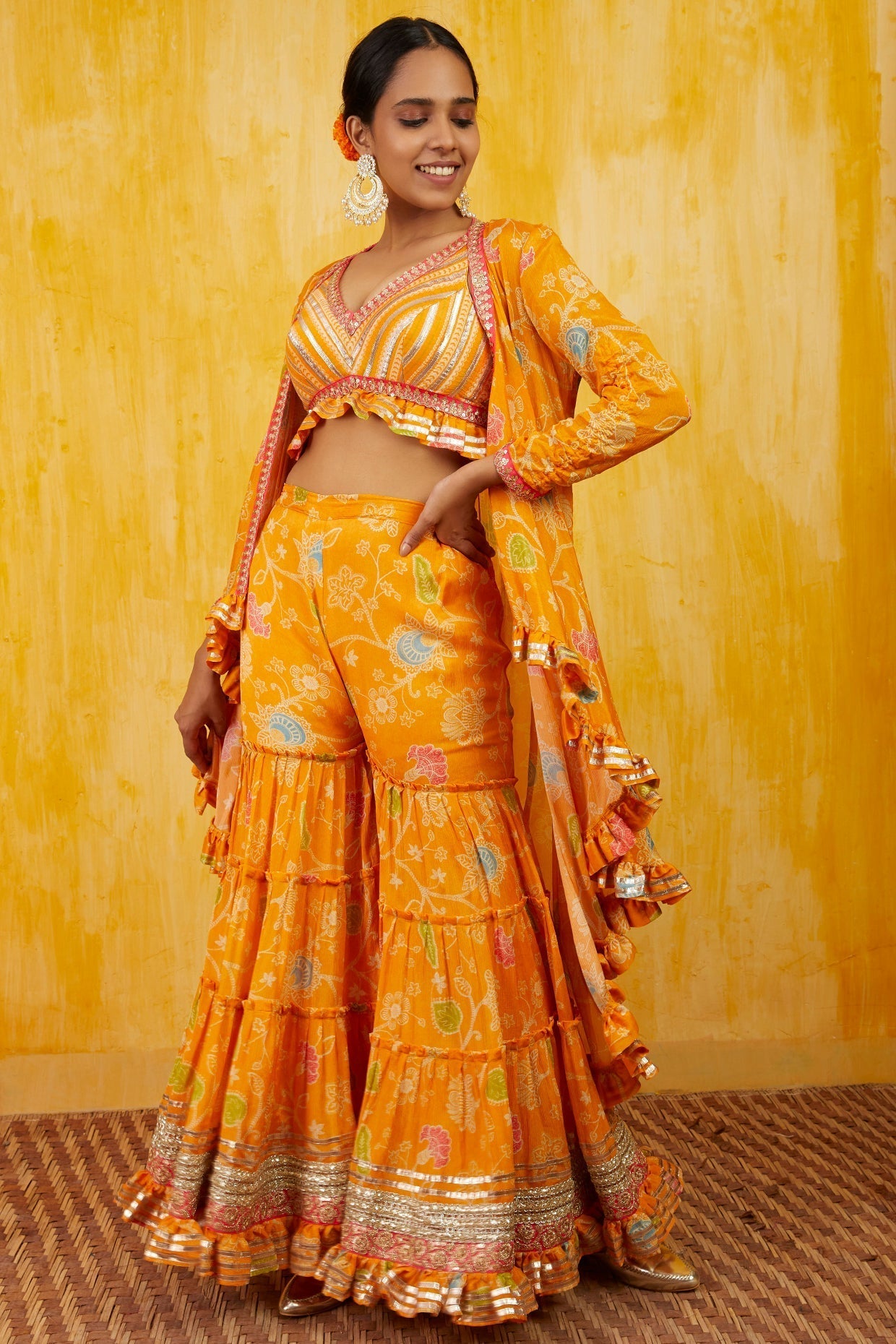 SaraTendulker In Marigold Garden Jacket Sharara Set