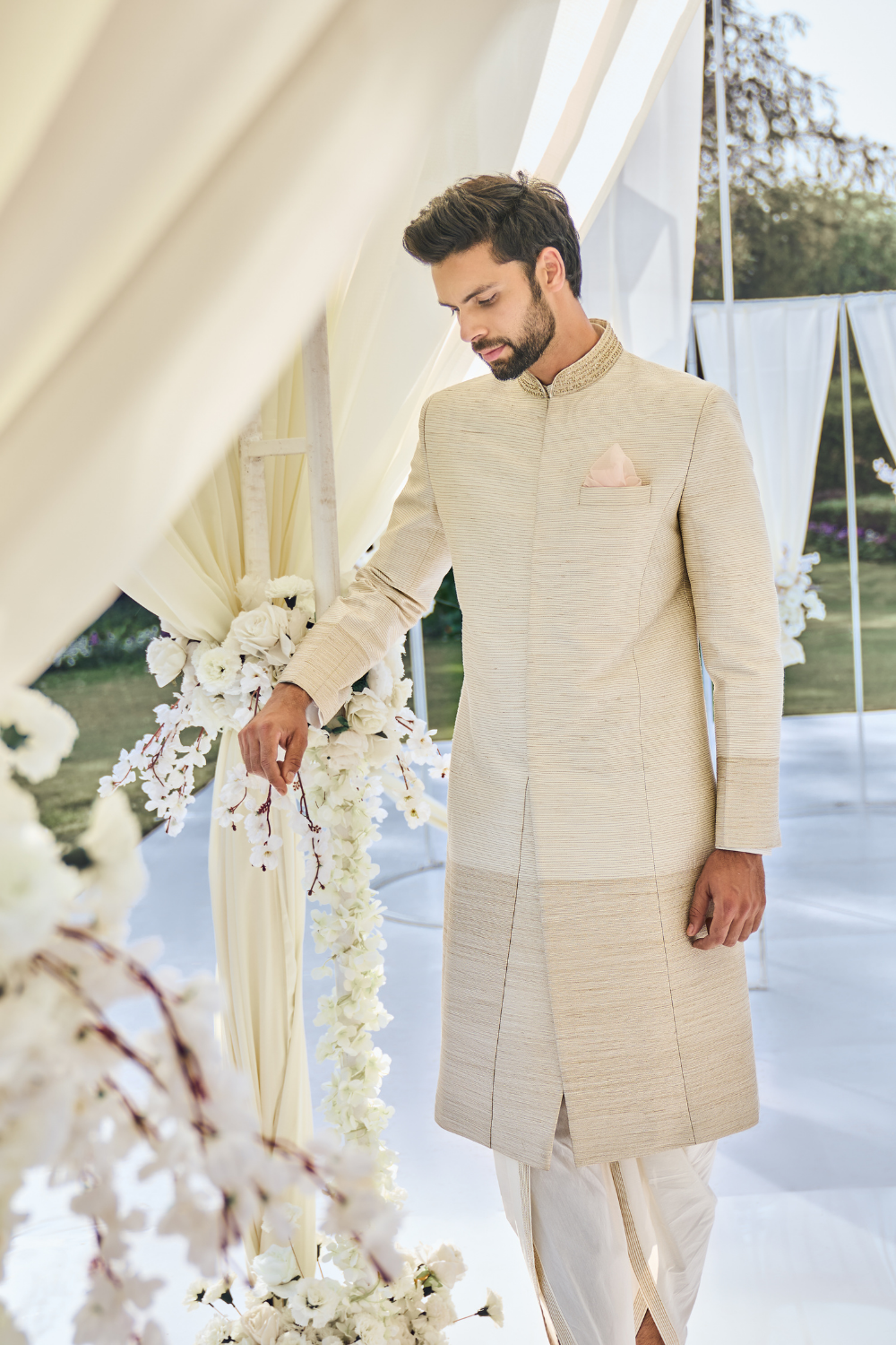 Cream Gold Sherwani Set