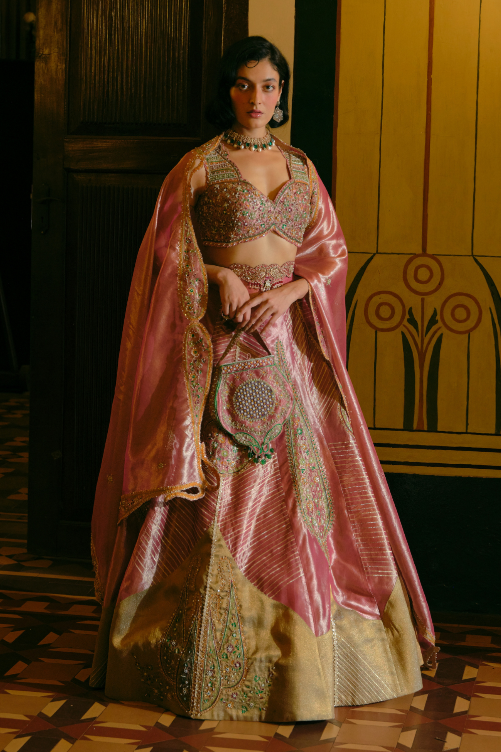 Pink silk zari tissue lehnga set