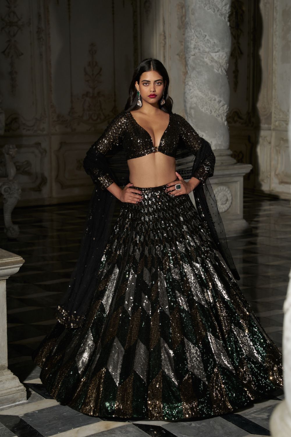 Mrunal Thakur in Chevron Sequin Lehenga Set