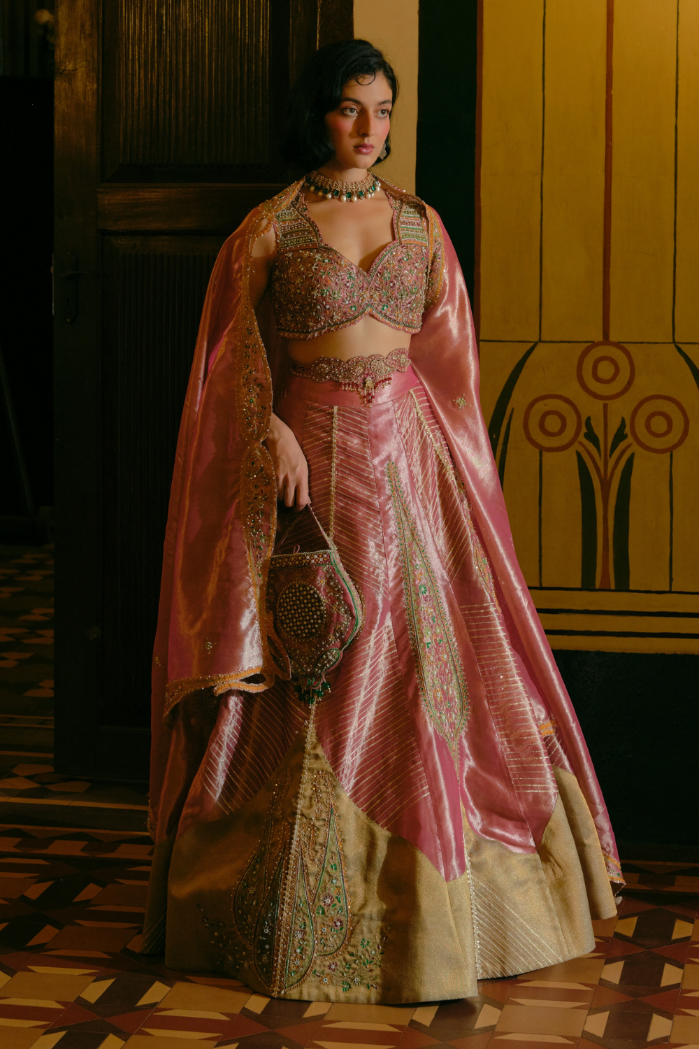 Pink silk zari tissue lehnga set