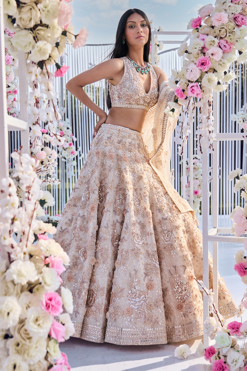 Cream Floral Lehenga Set