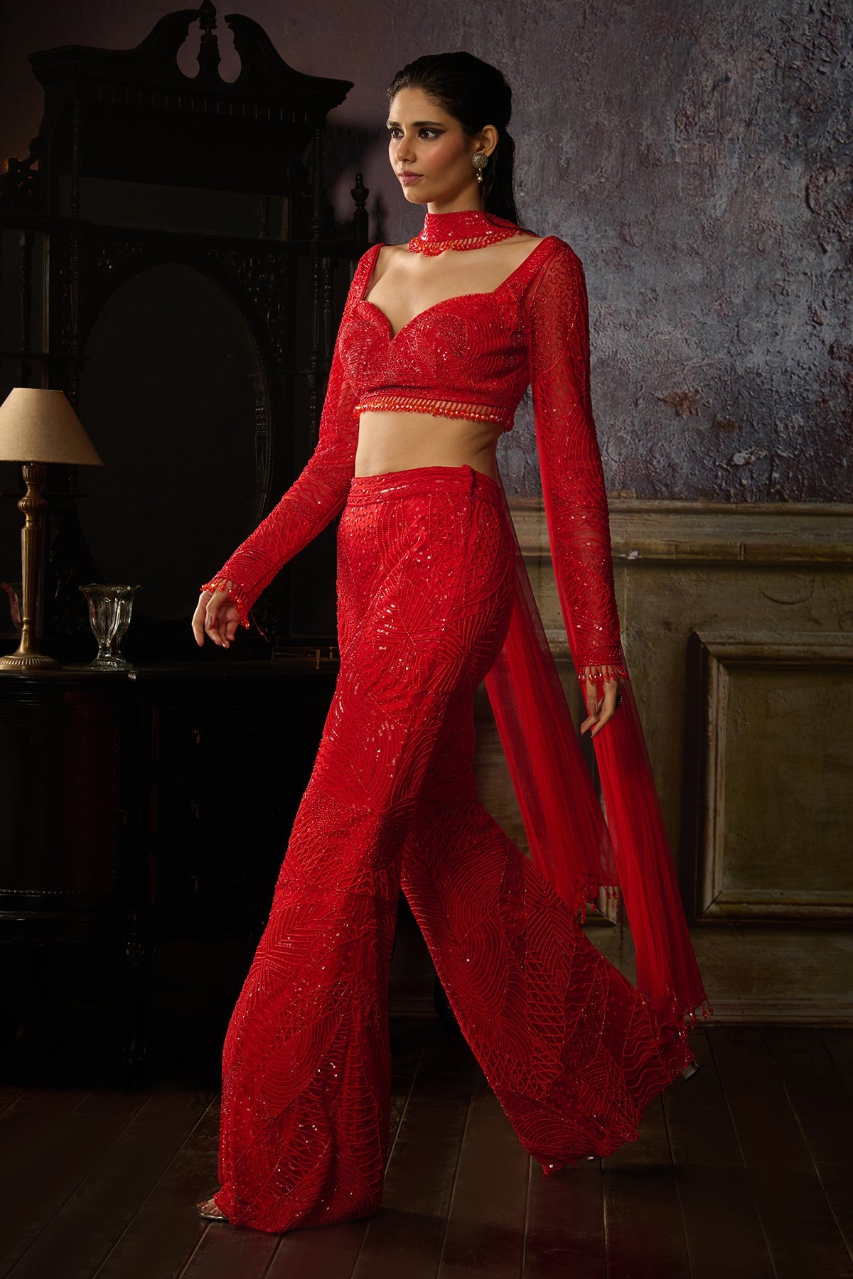 RED EMBROIDERED BLOUSE WITH RED EMBROIDERED PANT AND CHOKER DUPATTA