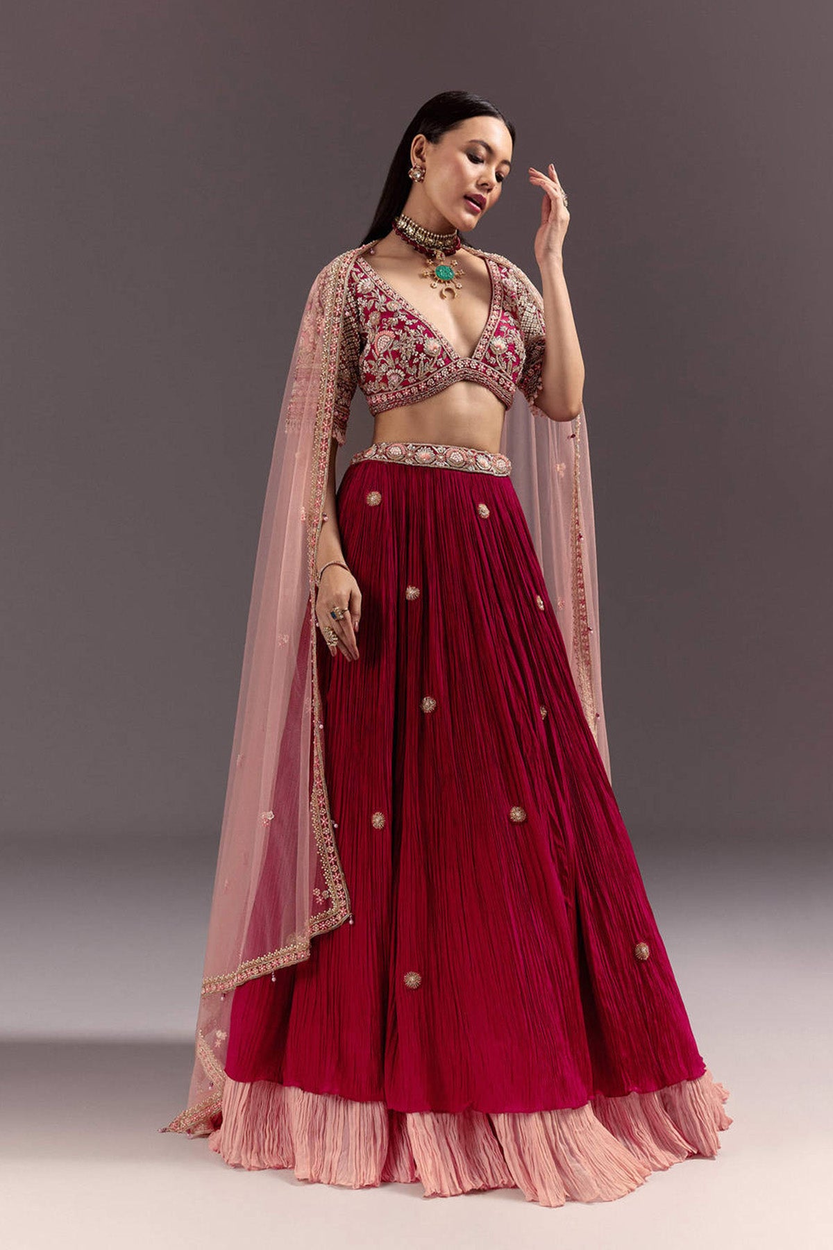 Red Zardosi Embroidered Lehenga Set With Tassel Blouse - Ready to Ship