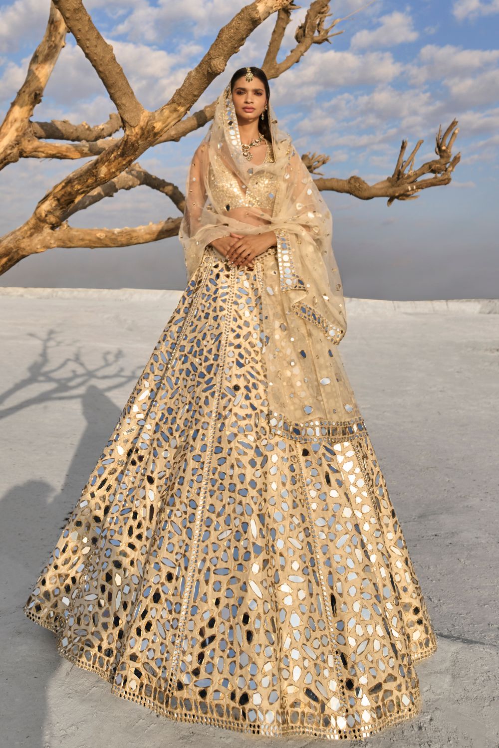 Cream Gold Mirror Work Lehenga Set