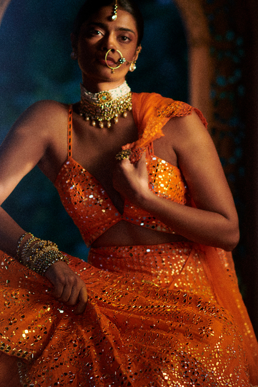 Burnt Orange Mirror Work Lehenga Set