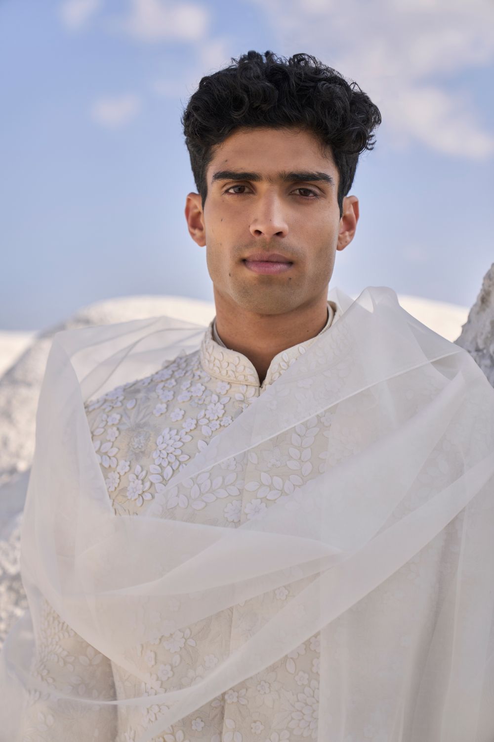 Cream Three Dimensional Floral Sherwani Set