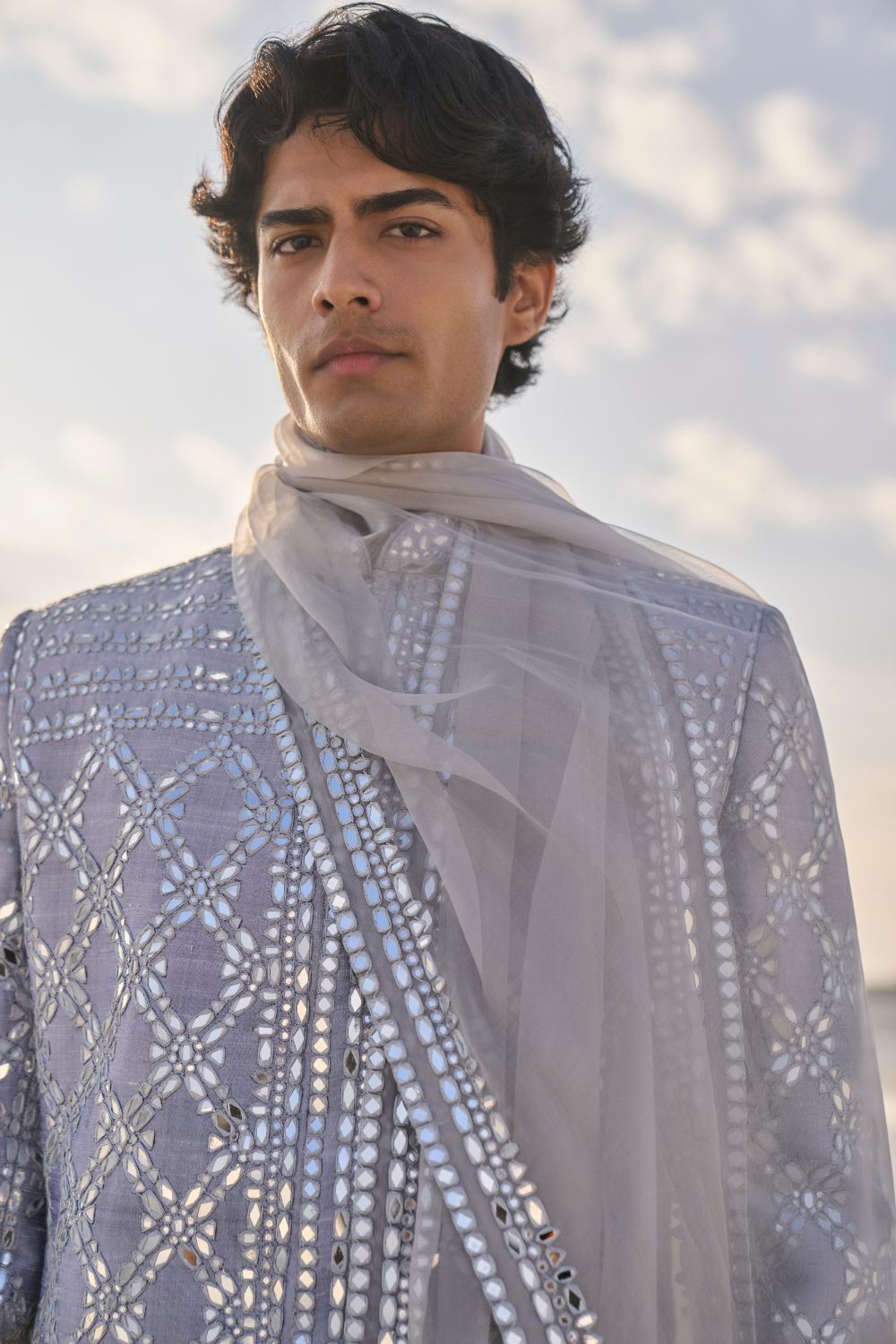 Metallic Grey Mirror Work Sherwani Set