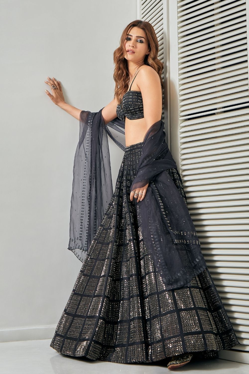 Kriti Sanon in Black Brick Crystal Lehenga Set