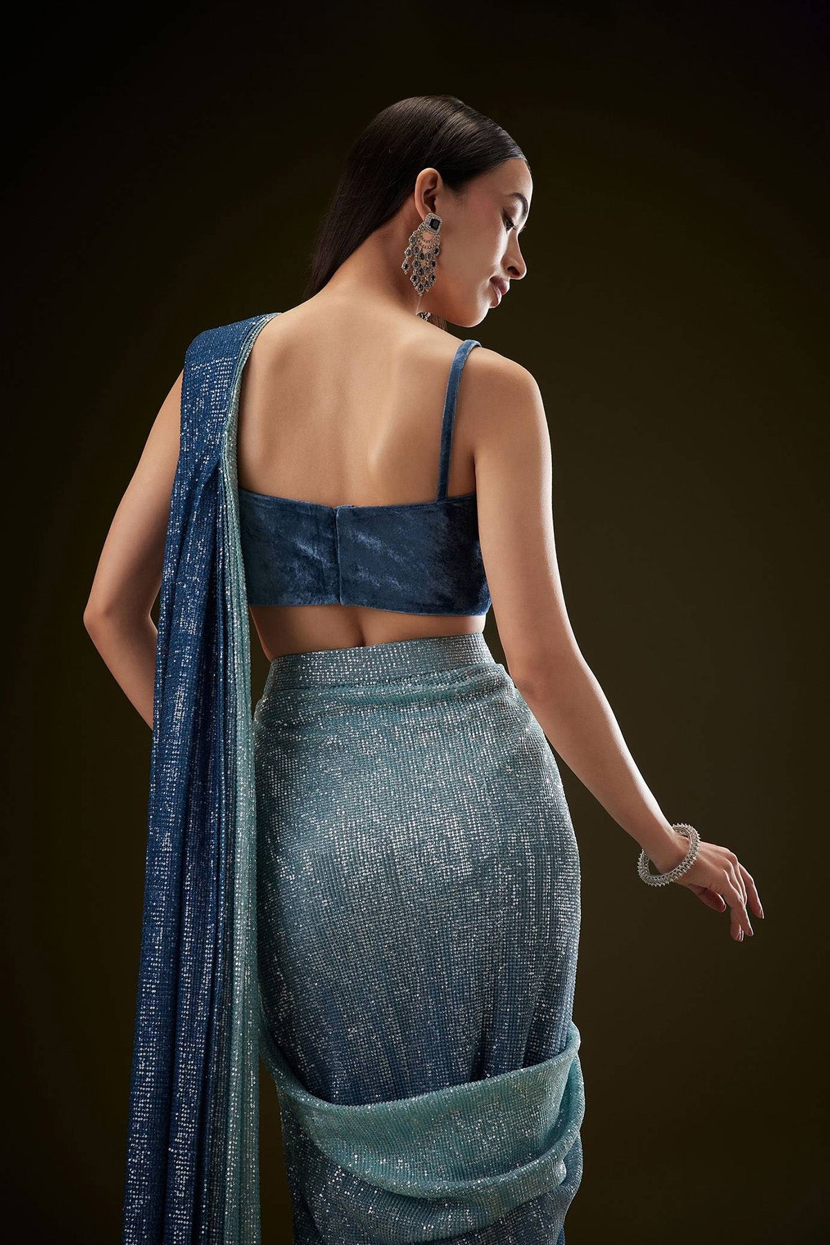 Teal Ombre Sequence Saree With Velvet Blouse - Ready to Ship