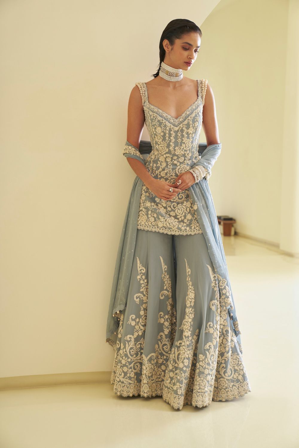 Manushi chillar In Blue Pearl Sharara Set