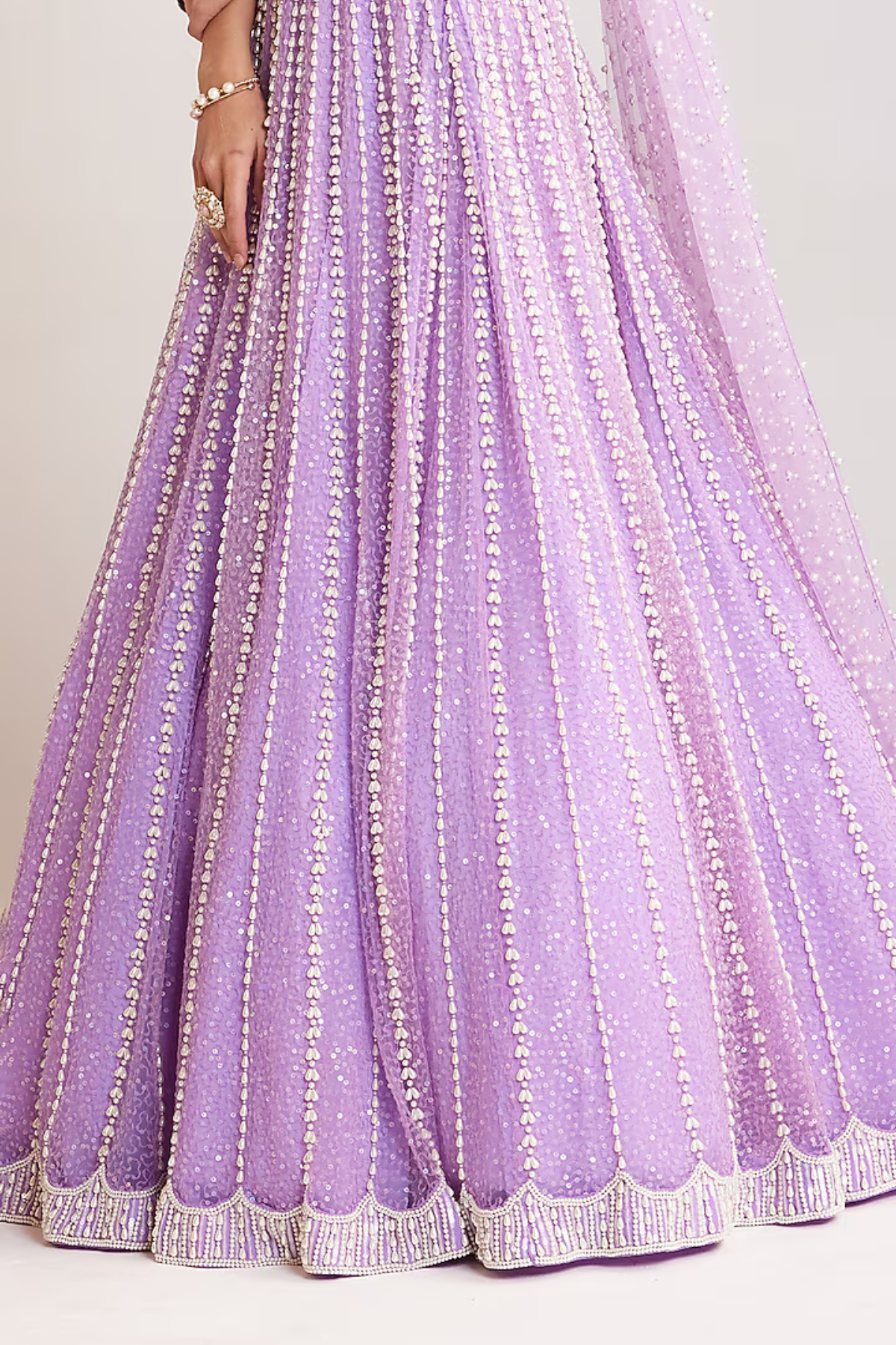 Lilac Net Pearl Embellished Lehenga Set - Vvani