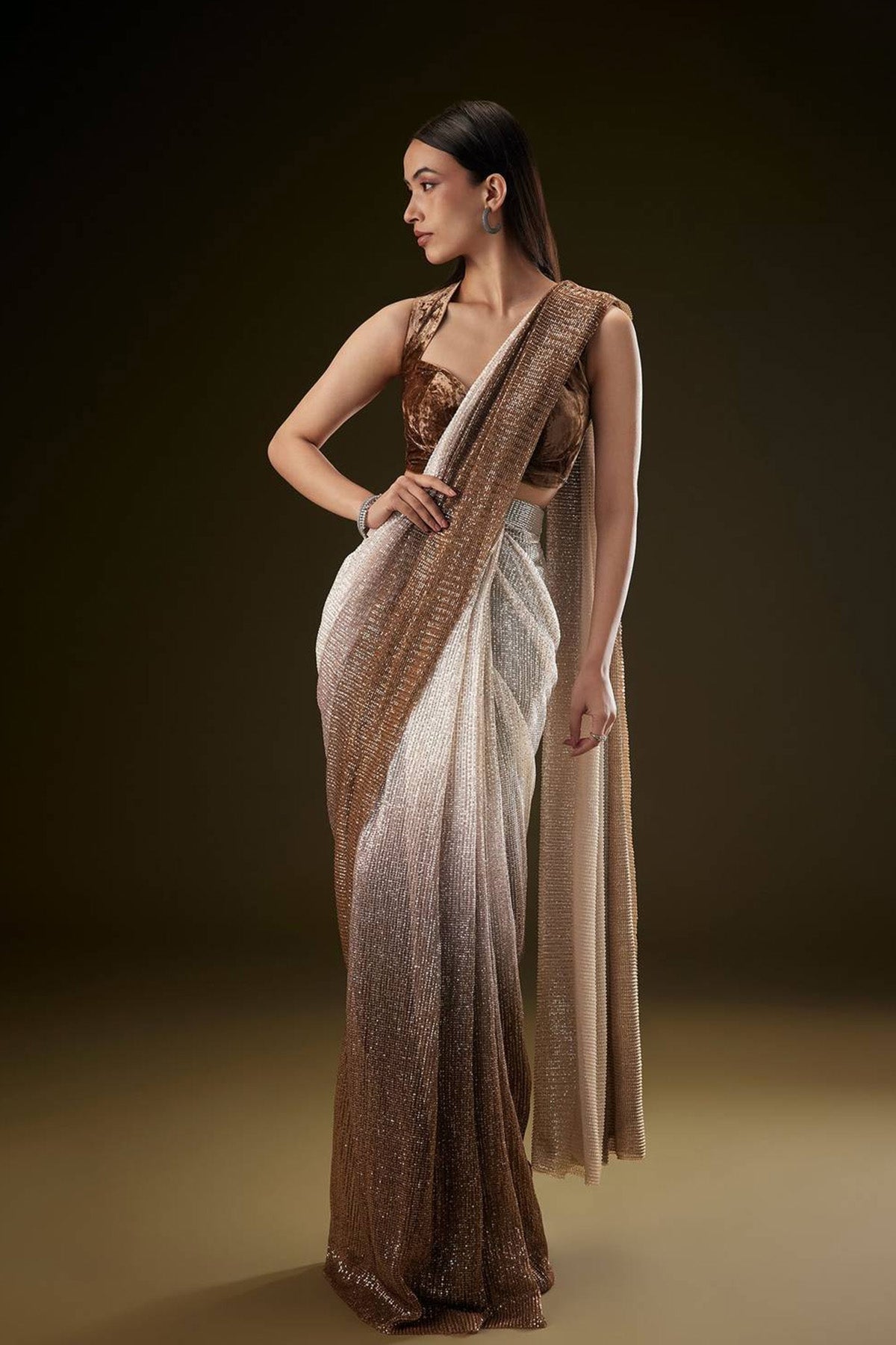 Brown Ombre Sequence Saree With Velvet Blouse - Ready to Ship