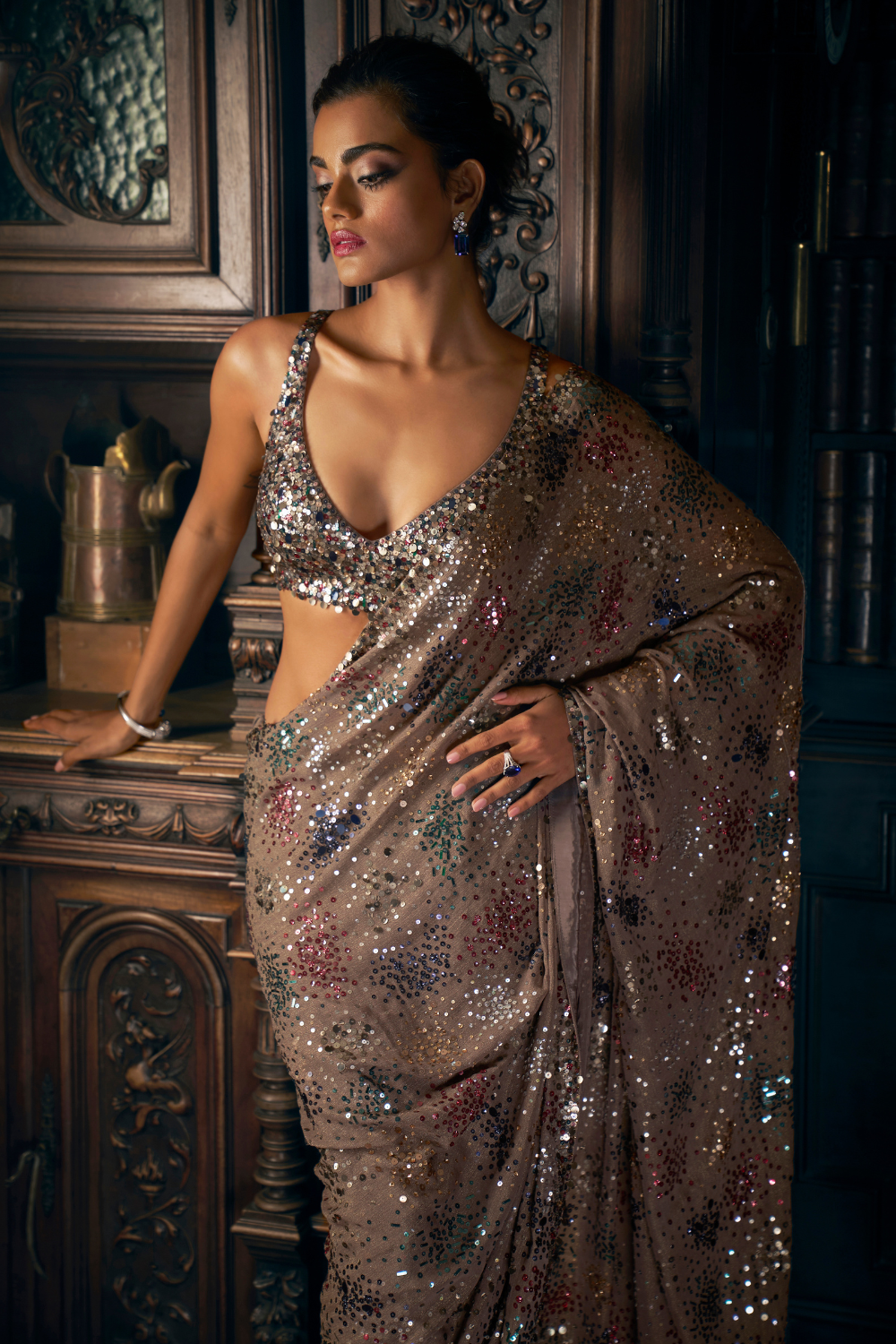 Ash Grey Sequin Saree