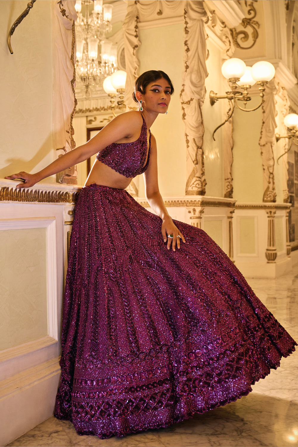 Pooja Hegde in Burgundy Sequin Lehenga Set