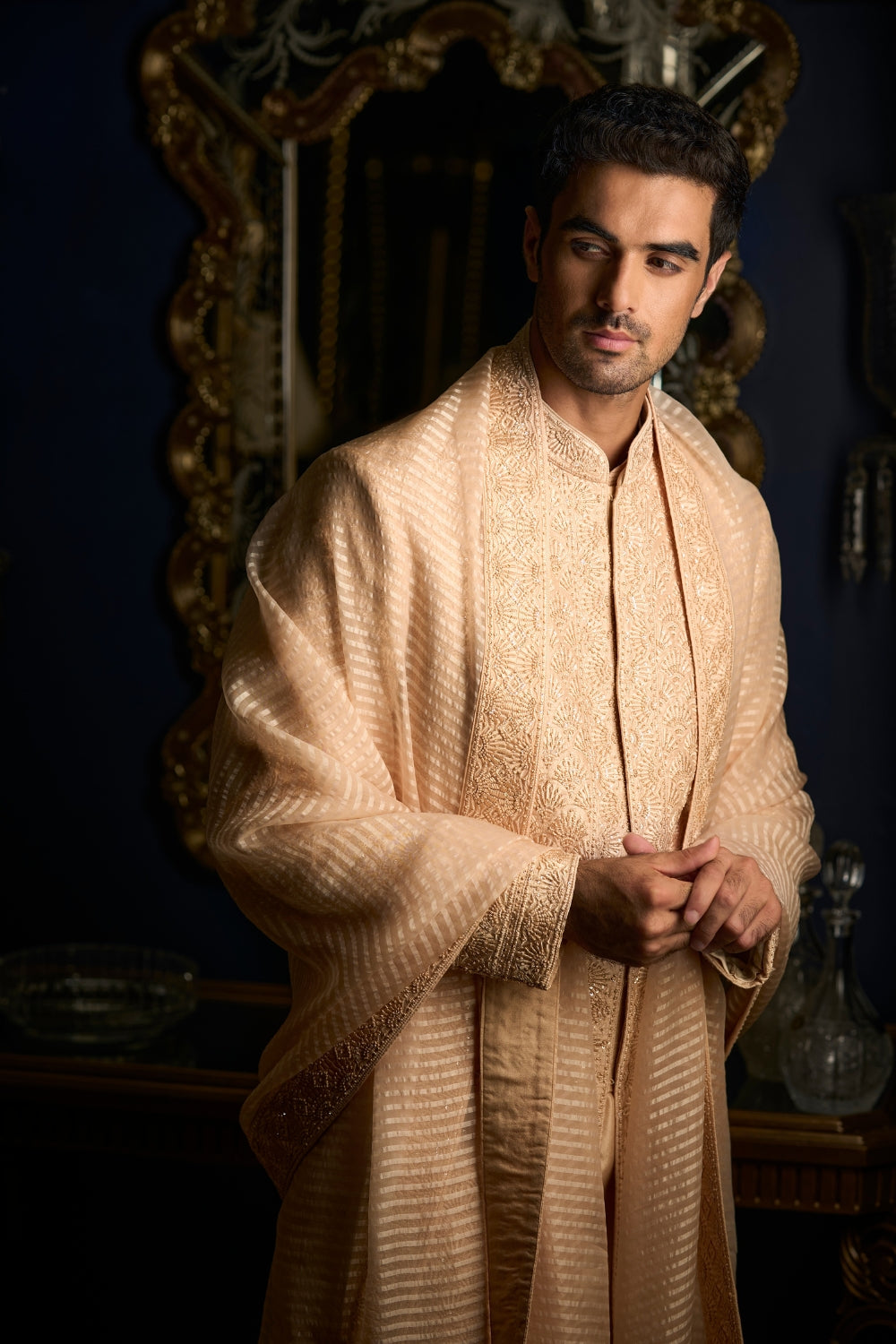 Peach Thread Sequin Sherwani Set