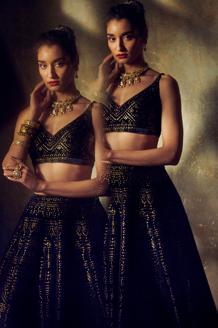 Navy Blue Velvet Lehenga Set