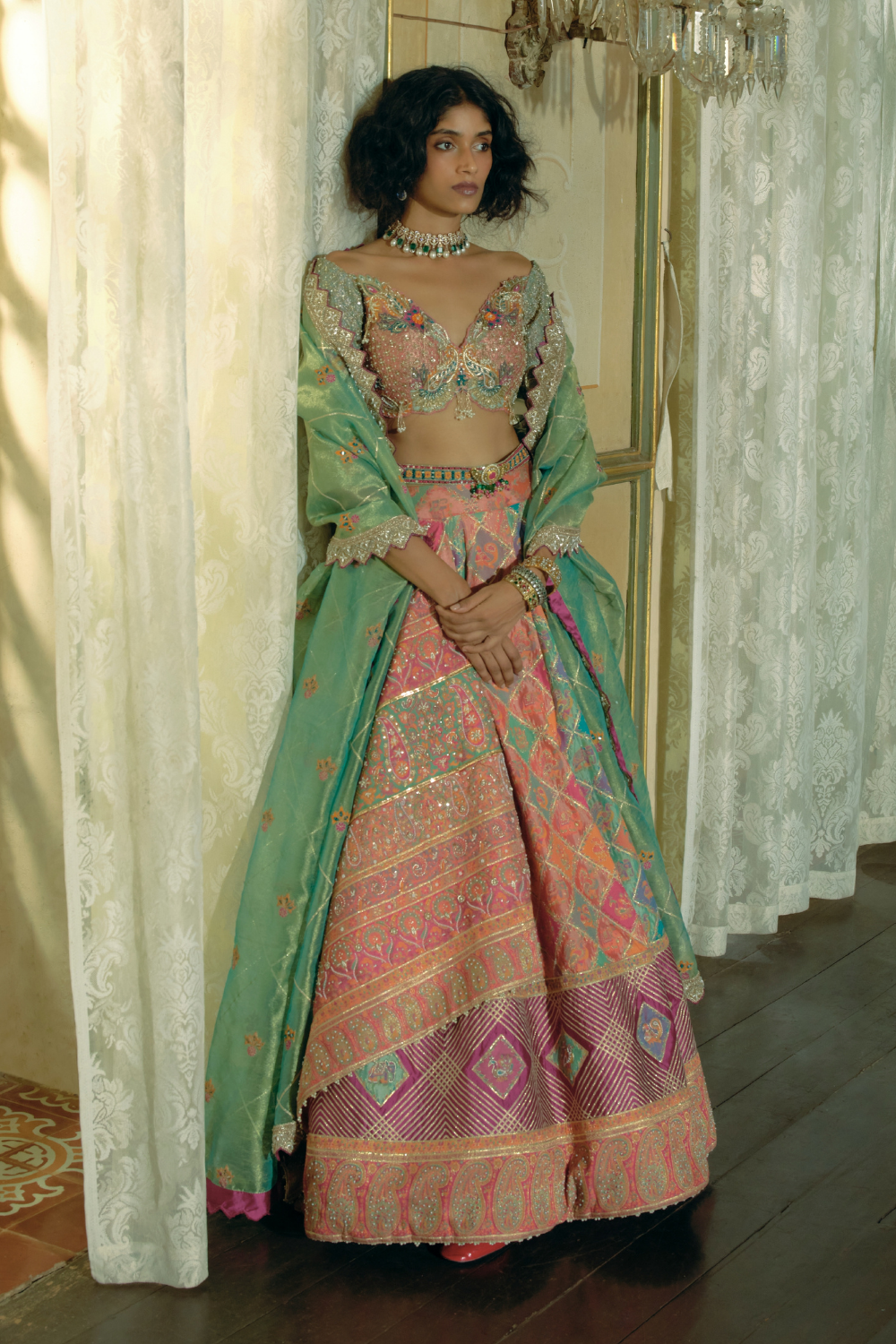 Coral and firozi checkered jacquard banarsi lehenga set