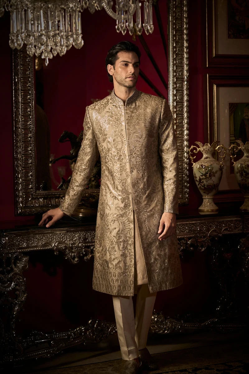 Ash Grey Sequin Sherwani Set