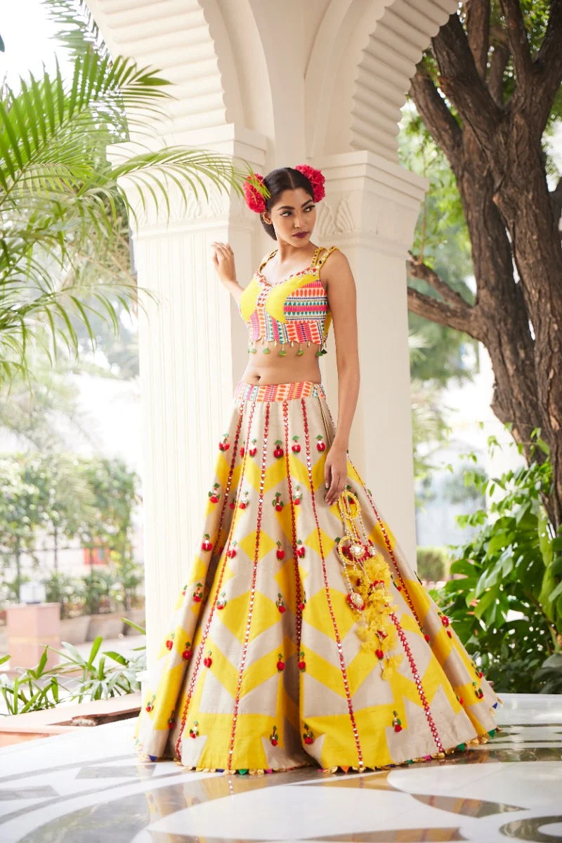 Ash grey - Yellow Mosaic Raw silk lehenga