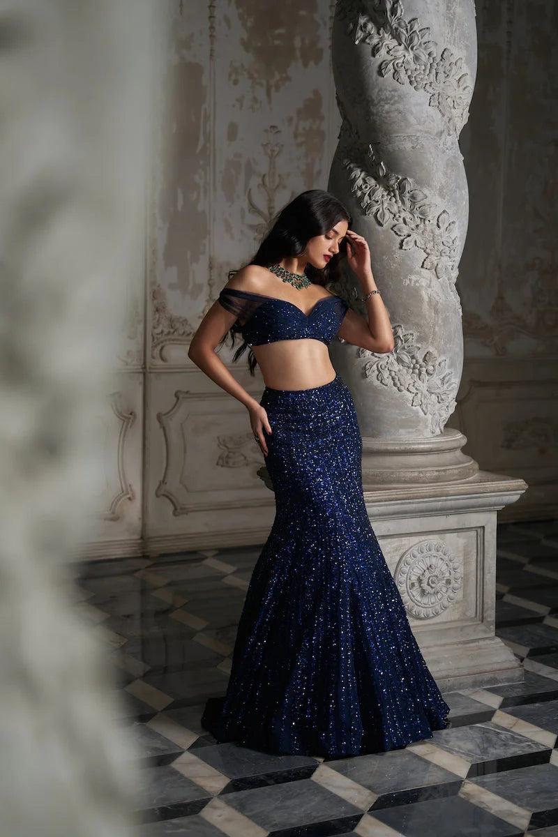 Navy Sequin Skirt Set