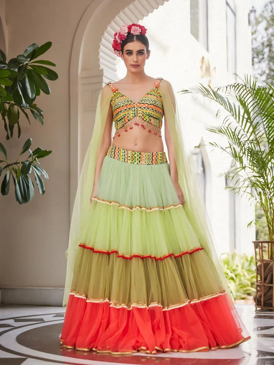 Mint-coral Tulle gatherd lehenga