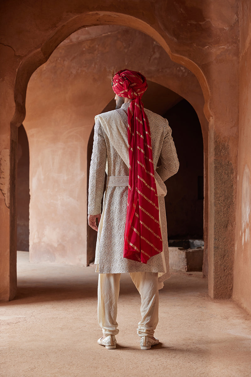 RAW SILK EMBROIDERED SHERWANI WITH MONGA TUSSAR KURTA AND CHURIDAR