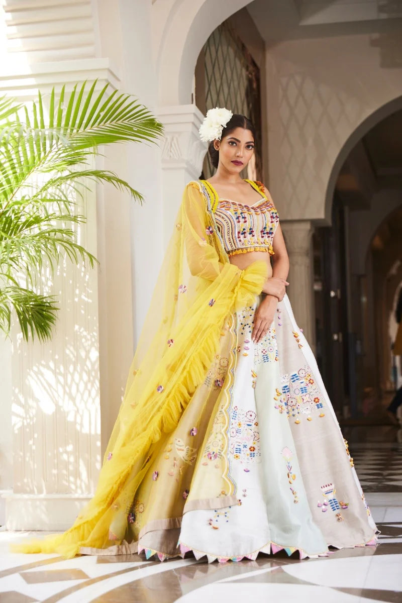 Blue-Grey shade silk lehenga with multicolor