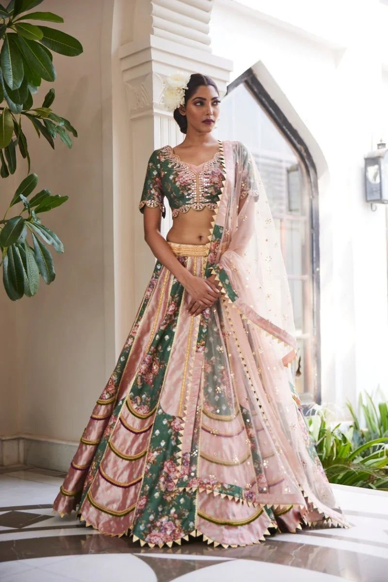 Peach-green tussar silk digital print banarsi lehenga