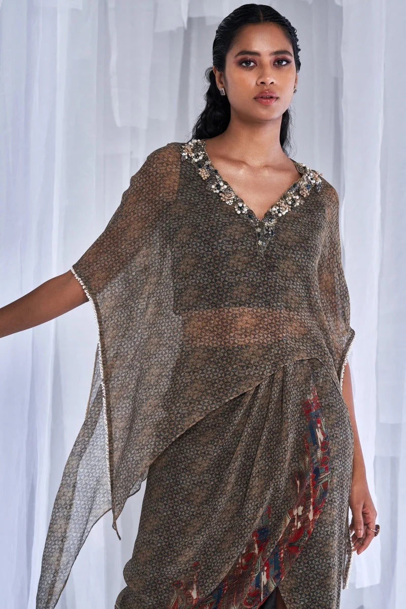 Yuvika Printed Chiffon Kaftan And Skirt