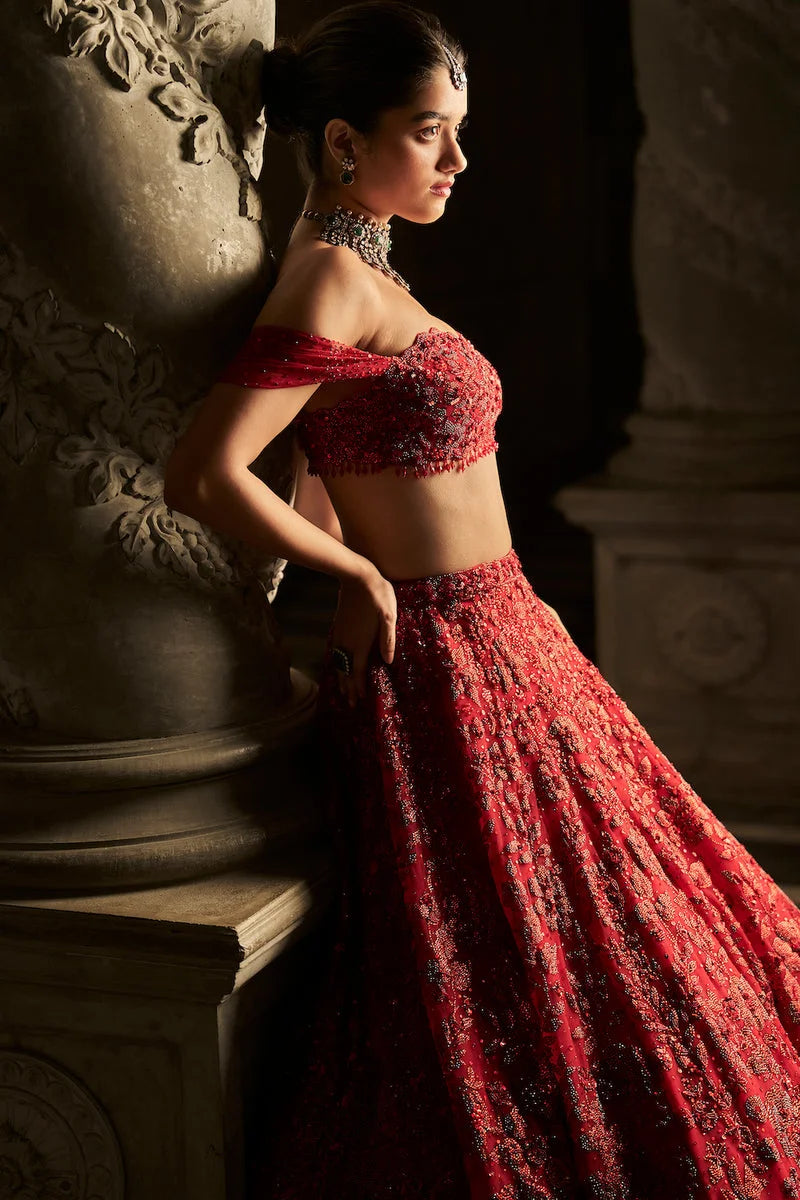 Red Off-Shoulder Lehenga Set